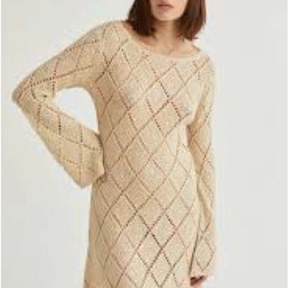 cream & gold 💫 long-sleeve crochet bodycon mini dress